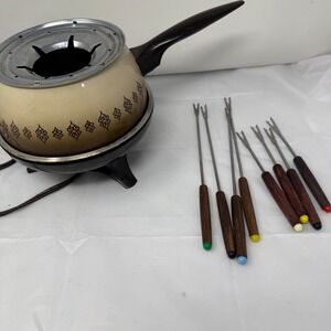 Vtg Oster Electric Almond Fondue Pot Set 701-03A Mid Century Modern 8 Forks USA